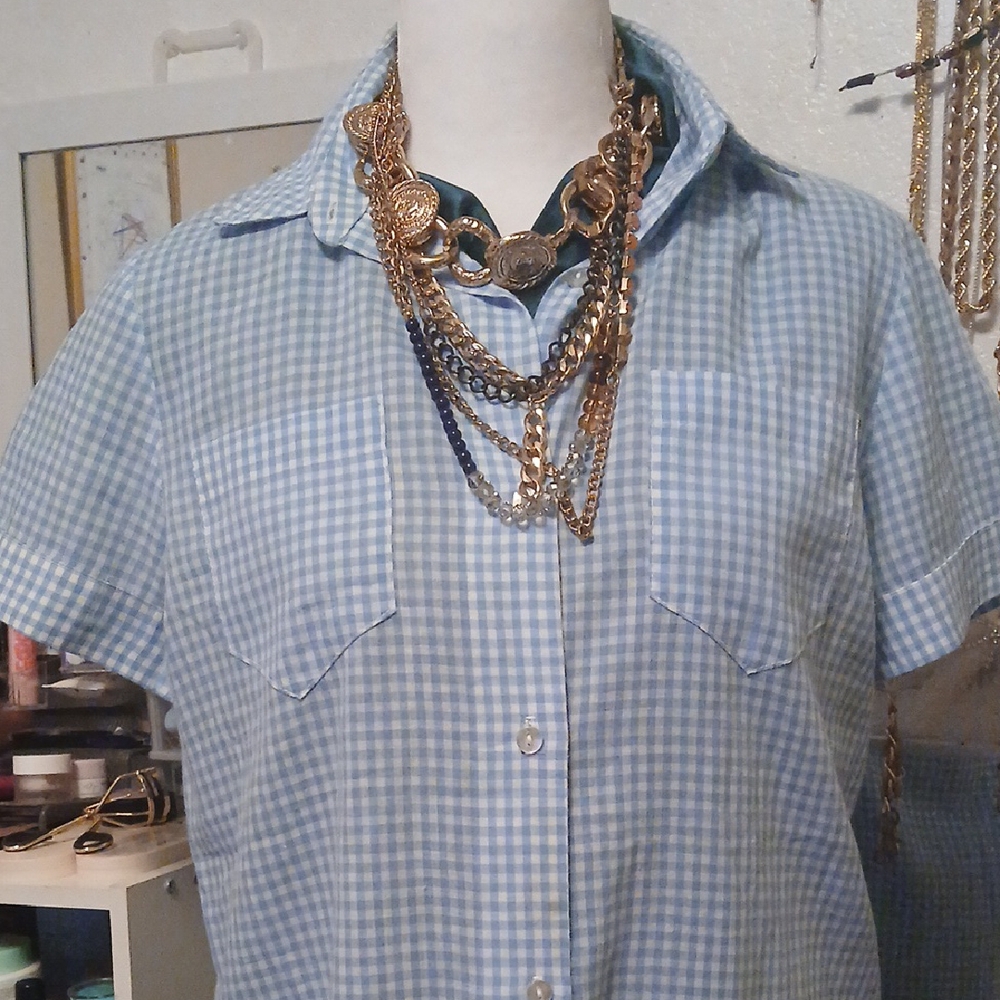 Blue Checkered Women's Shirt with Gold Necklace